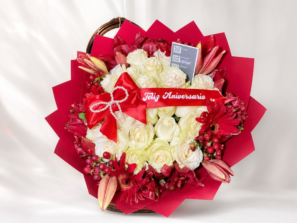Ivory roses with red lilies, gerbera daisies, and berries in a woven basket with a Feliz Aniversario sash