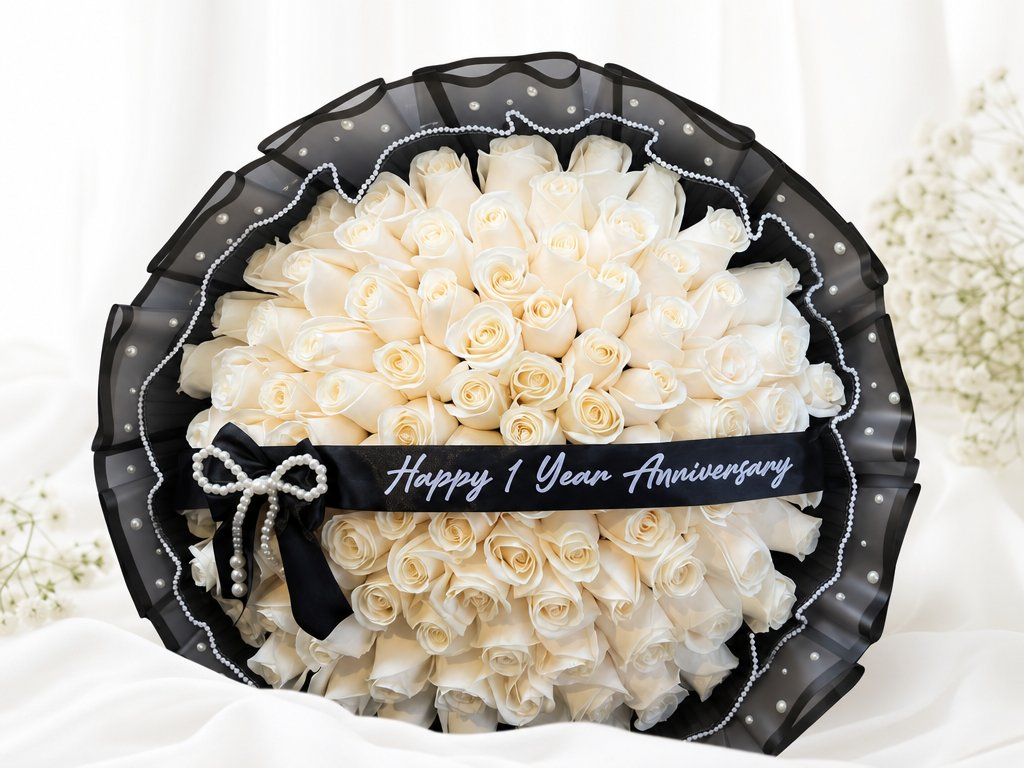 Creamy ivory roses in a sheer black ruffled wrap with pearl trim and an anniversary sash