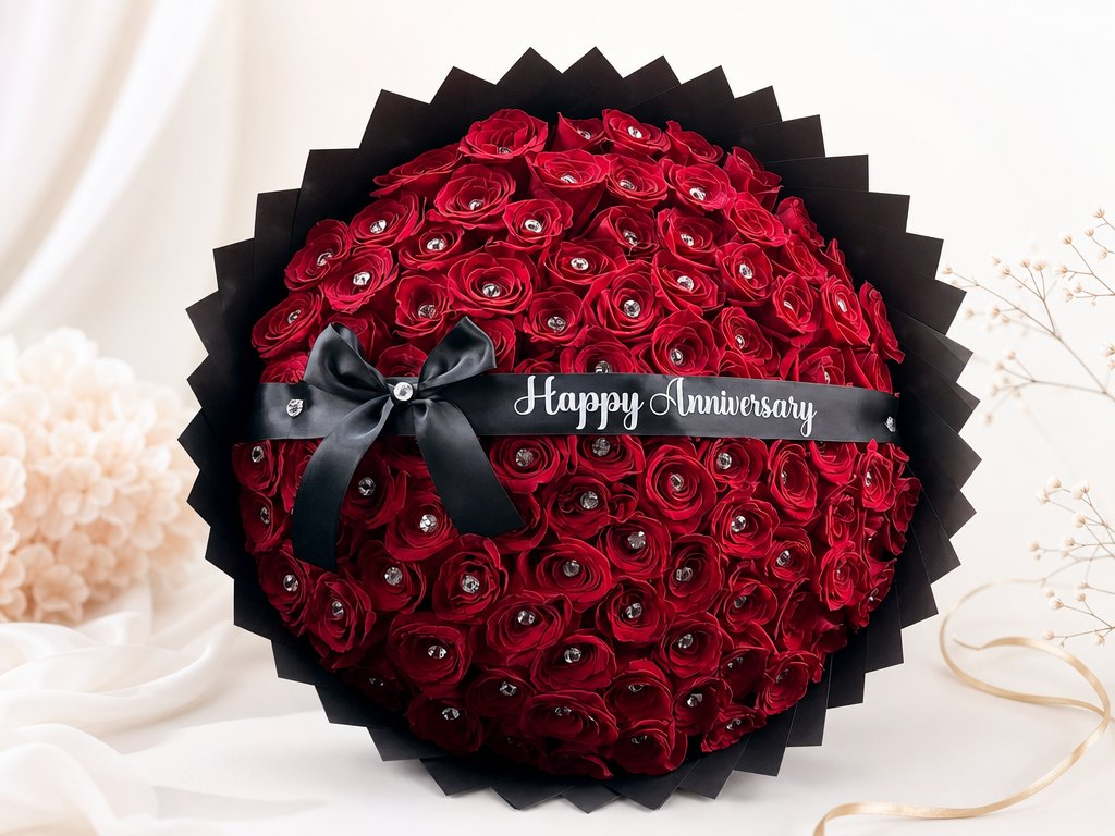 Deep red roses with rhinestone centers in a black star wrap with a Happy Anniversary sash and black bow