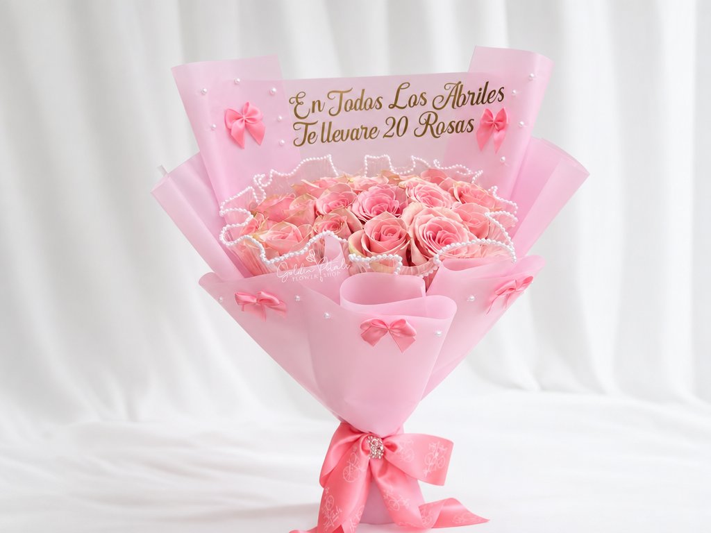 Pink roses in pink wrap with pearl trim, little bows, and a gold En Todos Los Abriles message