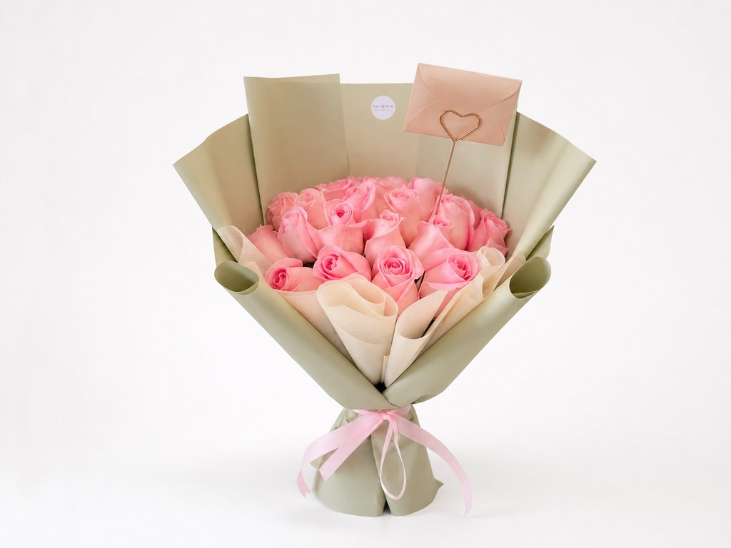 Pink roses in sage wrap with a little envelope and heart pick, tied with a pink ribbon