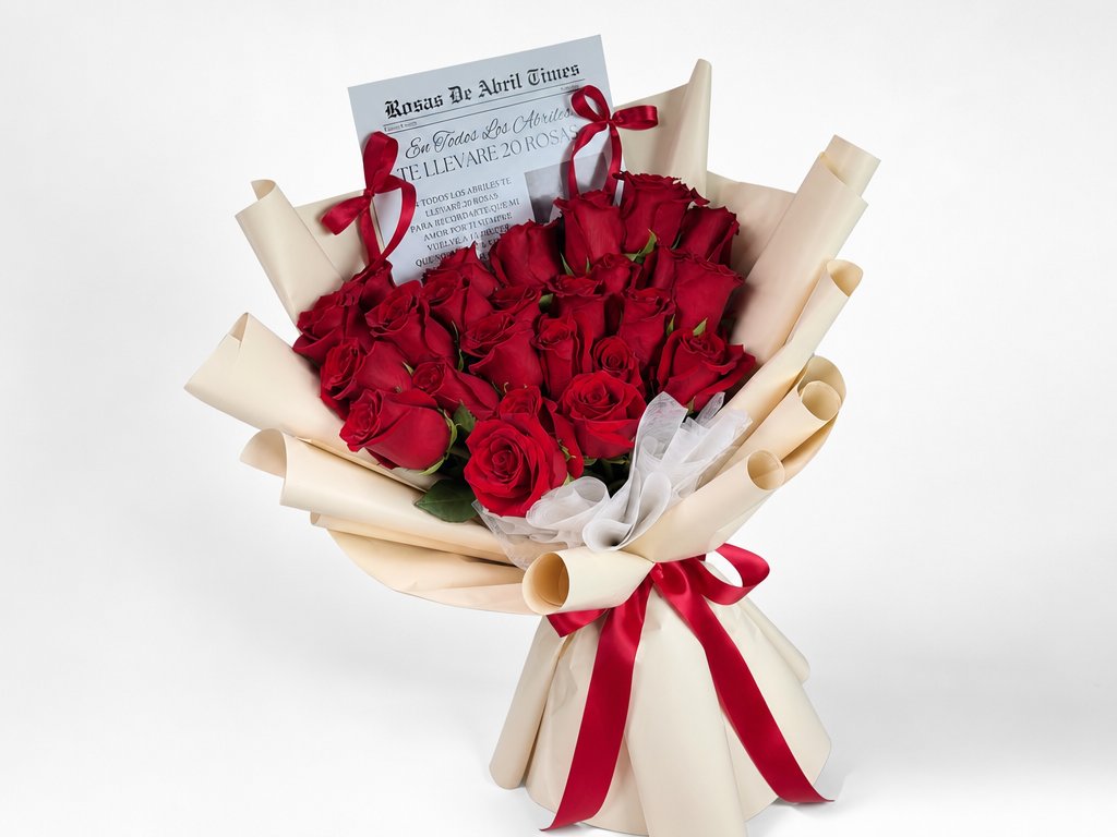 Twenty red roses in cream wrap with a Rosas de Abril newspaper note card and a red satin bow