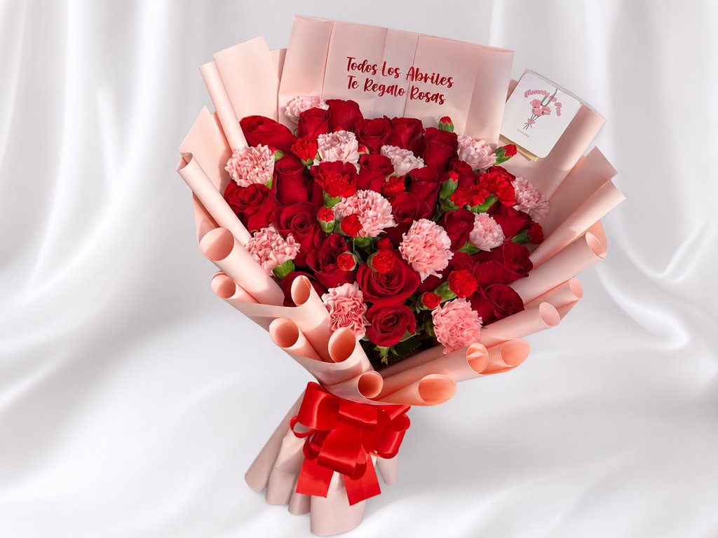 Red roses and pink carnations in blush wrap with a Te Regalo Rosas message and a red bow