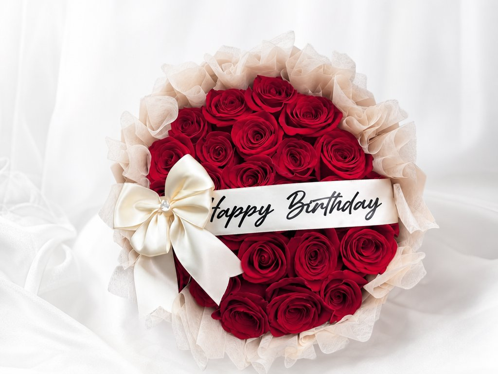 Red roses in a soft cream ruffled wrap with a Happy Birthday sash and ivory bow