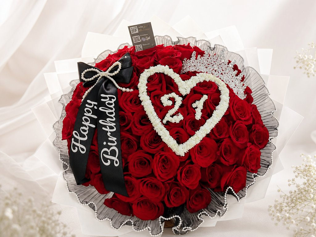 Red roses with a white heart and age number in blooms, a silver tiara, and a Happy Birthday sash