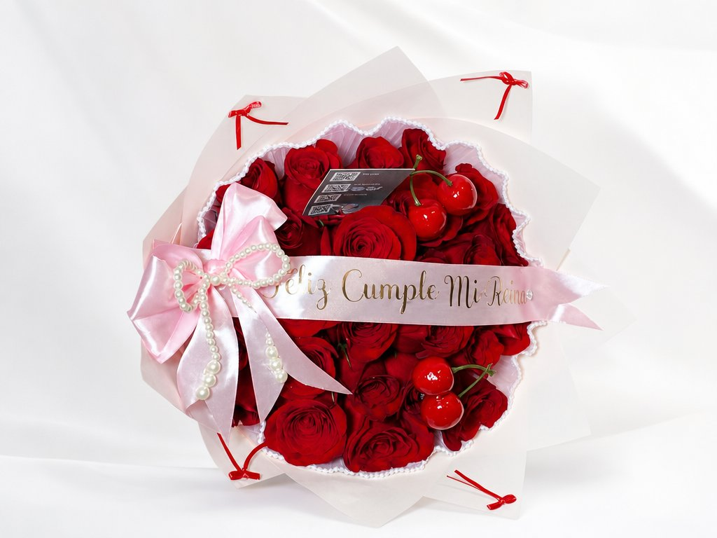 Red roses with cherry accents in blush wrap with a pink pearl bow and a Feliz Cumple Mi Reina sash