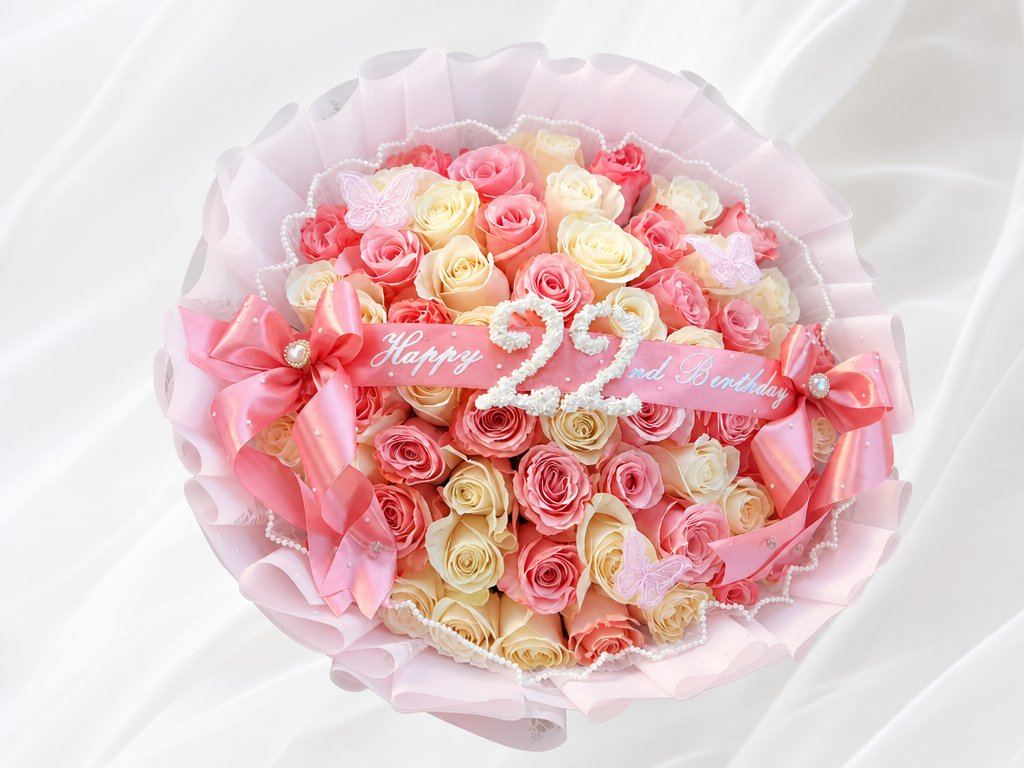 Pink, peach, and cream roses in a ruffled pink wrap with pearl trim, butterflies, and a birthday sash
