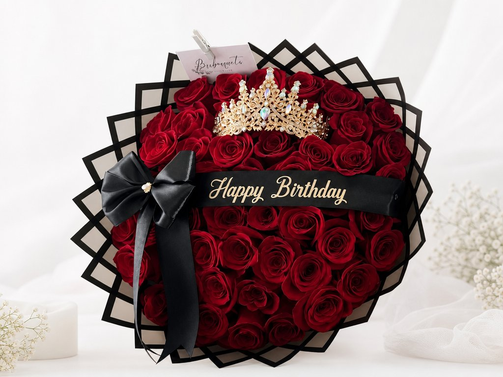Red roses crowned with a gold tiara in a black lattice wrap with a Happy Birthday sash and black bow