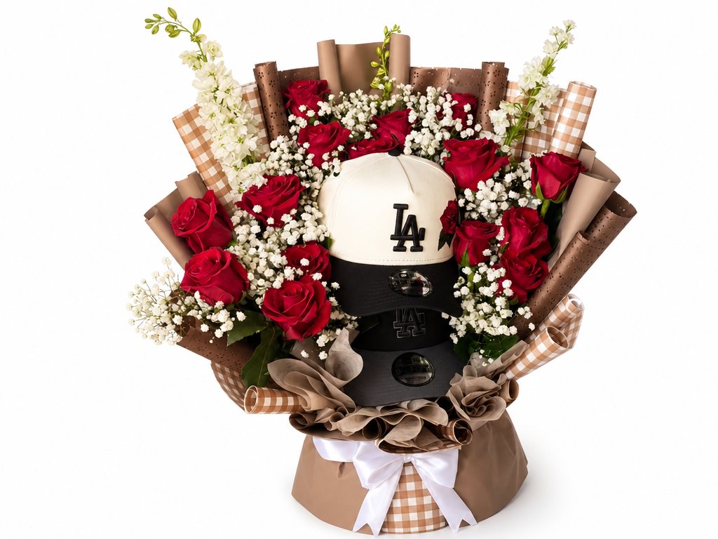 Bold & Classic — red roses with baby's breath, snapdragons, and LA snapback cap in brown gingham wrapping
