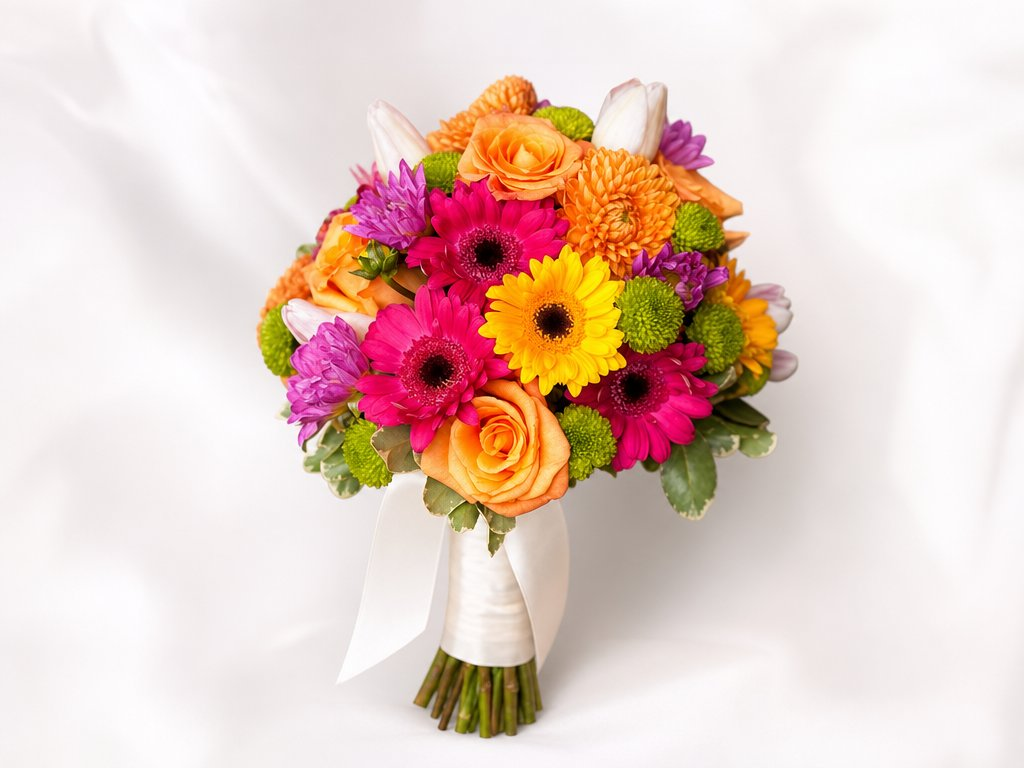 Vibrant bouquet of pink and yellow gerbera daisies, orange roses, and green button mums
