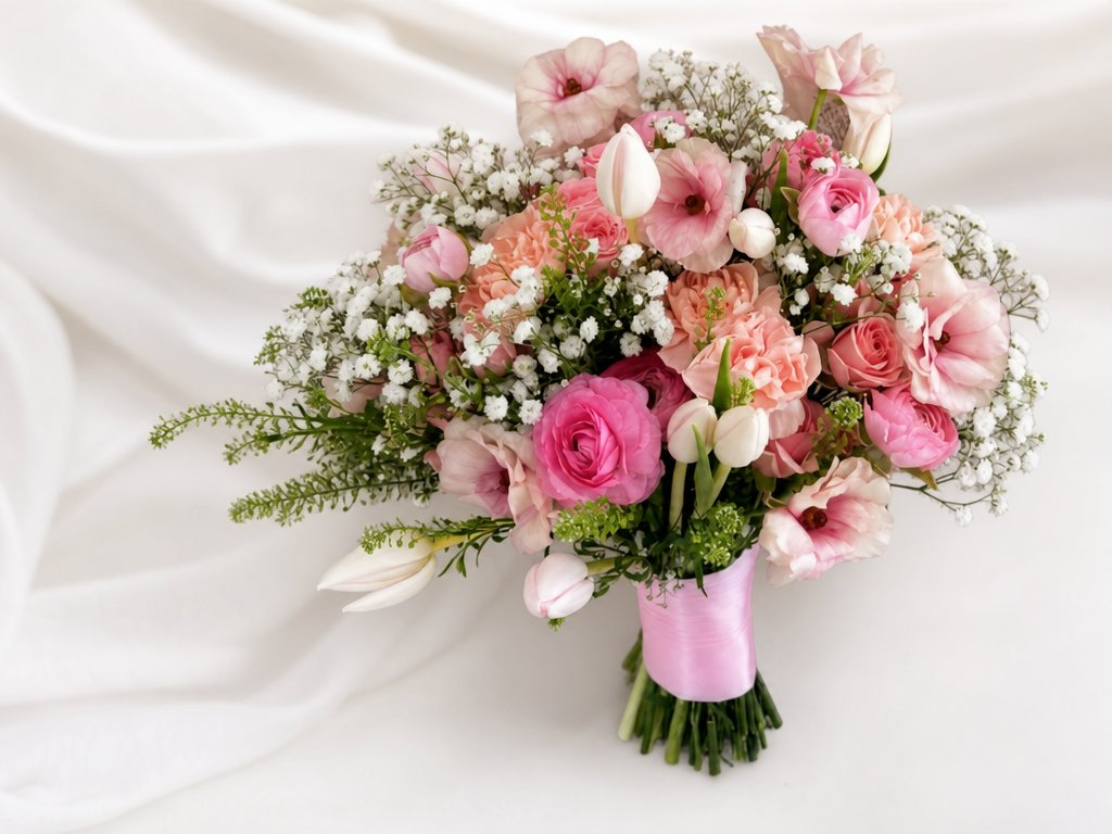 Soft pink bouquet with pink roses, ranunculus, tulips, and baby's breath