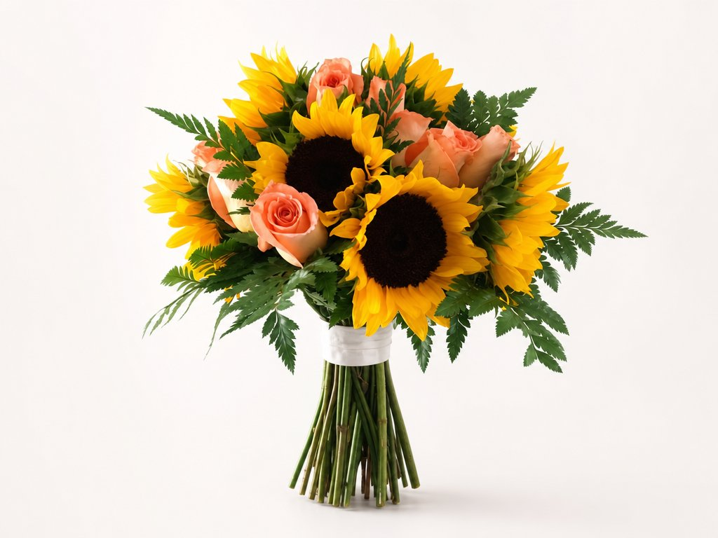 Sunflower bouquet with peach roses and fern greenery tied with white satin
