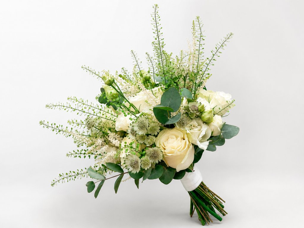 Organic white and green bouquet with cream roses, astrantia, eucalyptus, and trailing greenery