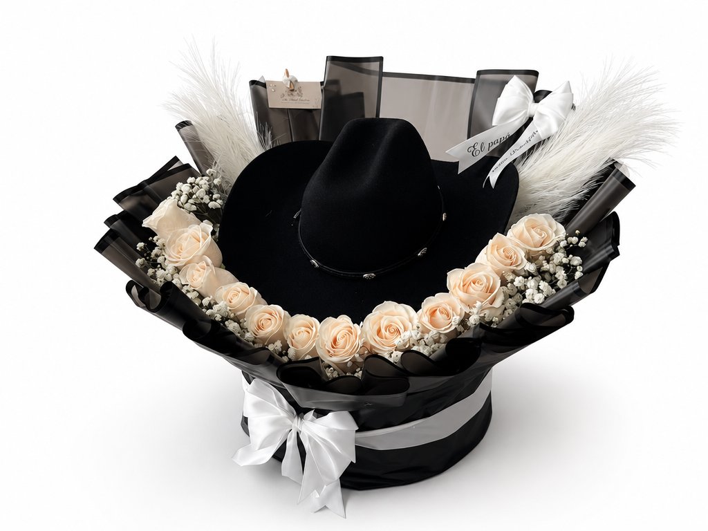 El Vaquero — white roses with baby's breath and a black tejana