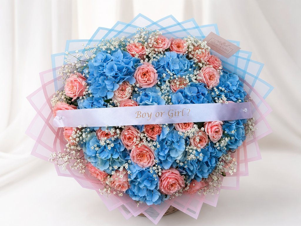 Blue hydrangeas and peach-pink roses with baby's breath in a pink and blue wrap with a Boy or Girl sash