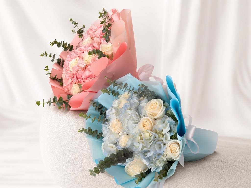 Pink-wrapped and blue-wrapped bouquets of hydrangeas, cream roses, and eucalyptus