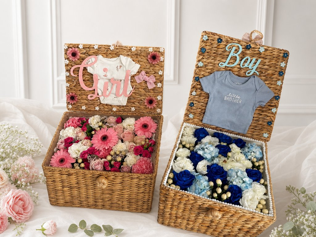 Woven keepsake boxes with pink flowers and a Girl onesie and blue flowers with a Boy onesie