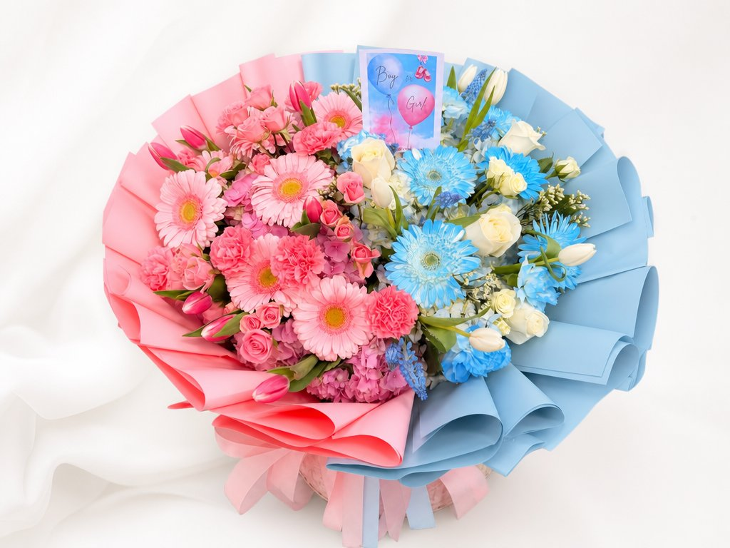 Large split bouquet with pink gerberas and tulips on one side and blue gerberas and roses on the other, with a Boy or Girl card