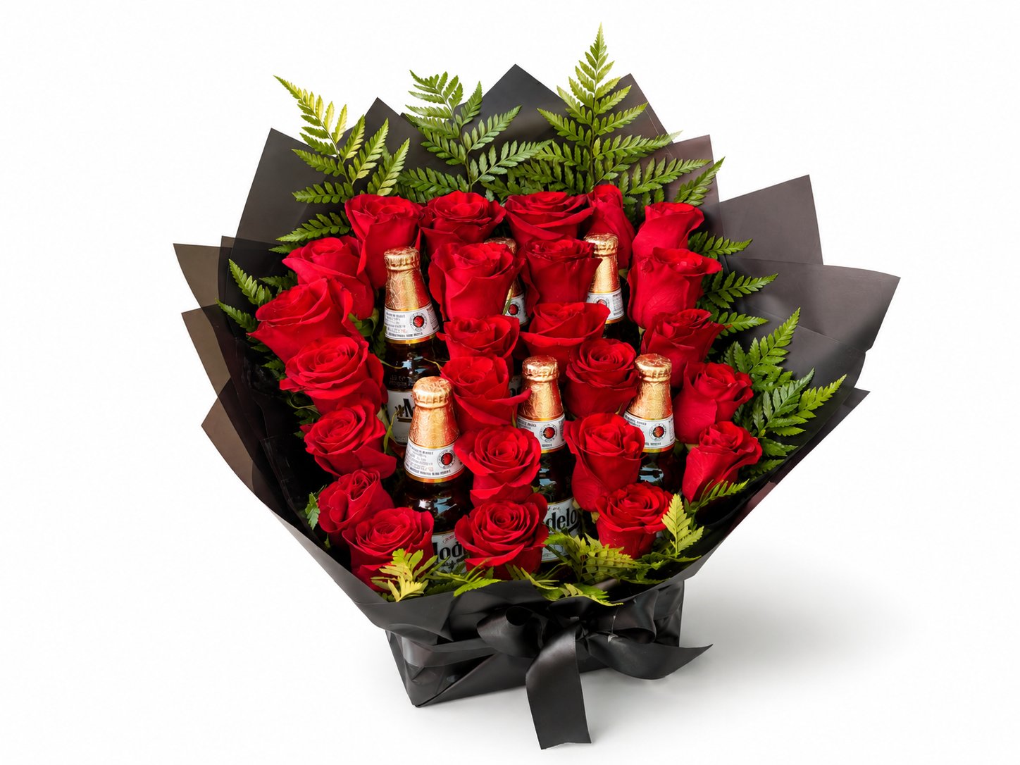 Gentleman's Bouquet — deep red roses with beer bottles in black wrapping