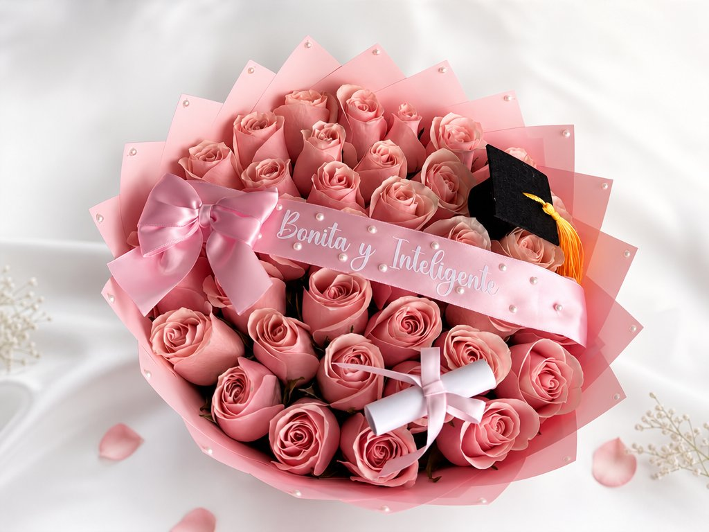 Round bouquet of pink roses with a graduation cap, diploma scroll, and a Bonita y Inteligente sash