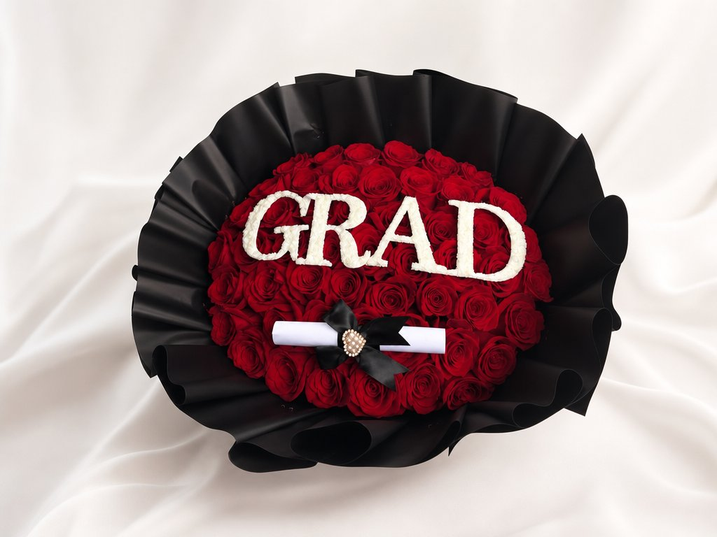 Red roses spelling GRAD in white blooms, framed in a black ruffled wrap with a diploma scroll