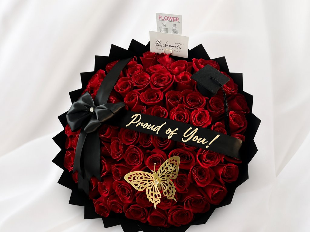 Lush red roses in a black star wrap with a Proud of You sash, graduation cap, and gold butterfly