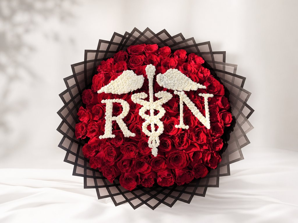 Red roses with a white R N and caduceus emblem in white blooms, set in a layered black geometric wrap