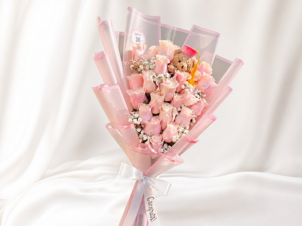 Soft pink roses and baby's breath in sheer pink wrap with a graduate teddy bear and a Congrats tag