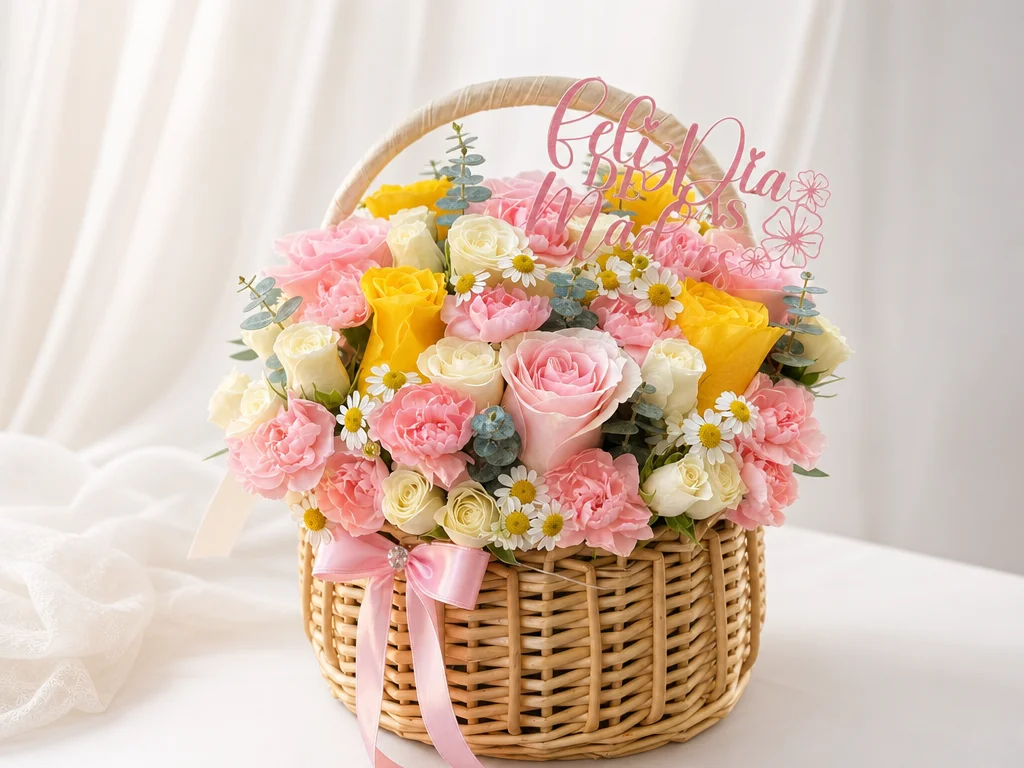 Woven basket of pink and yellow roses, carnations, and chamomile with a Feliz Dia de las Madres topper