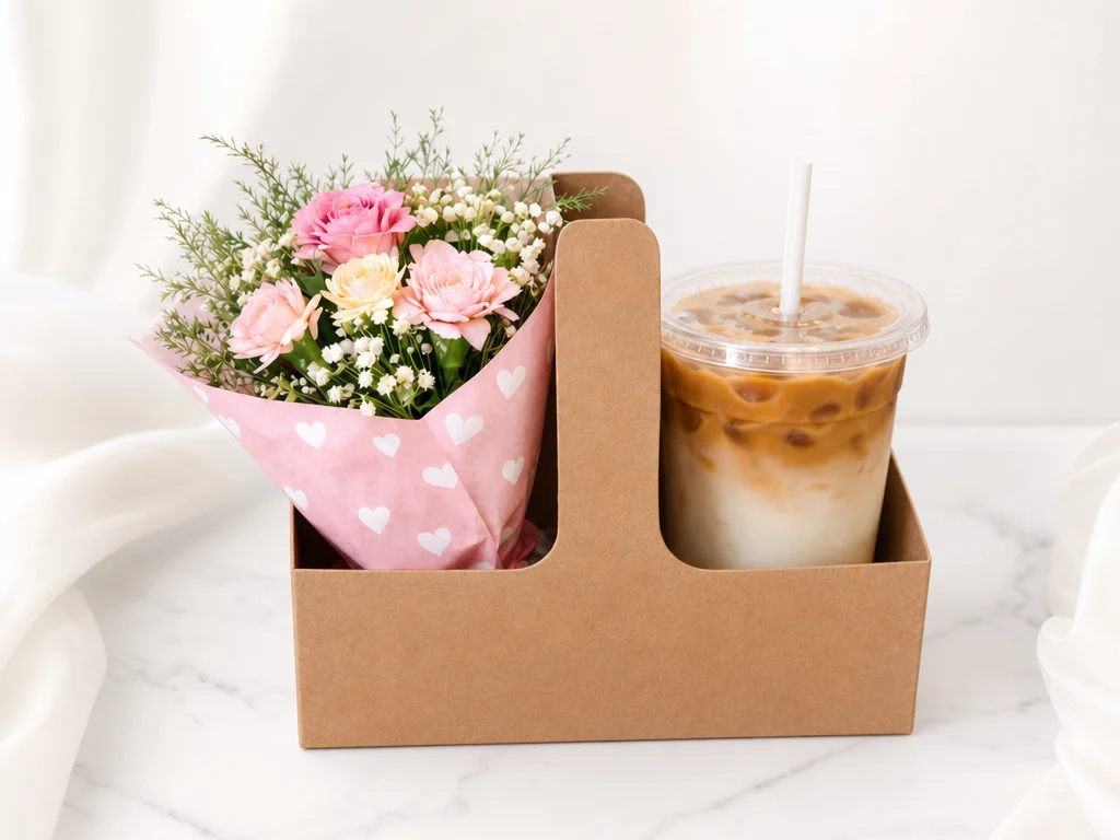 Pink rose bouquet in heart-print wrap paired with an iced coffee in a kraft carrier