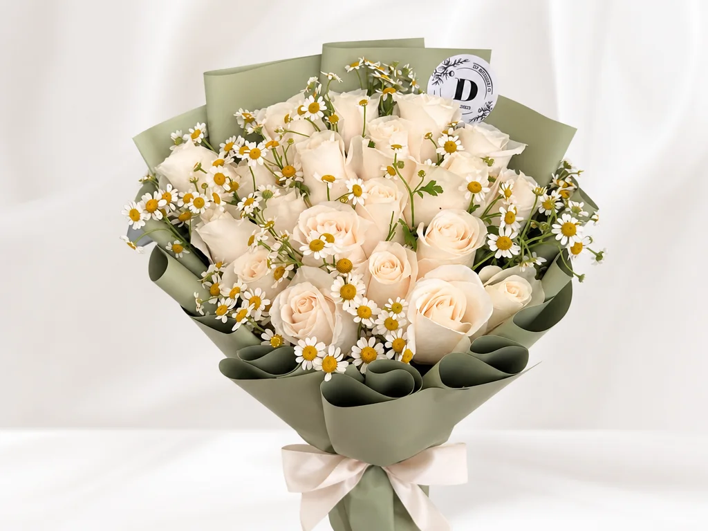Ivory roses with white chamomile in sage green wrap tied with a cream ribbon