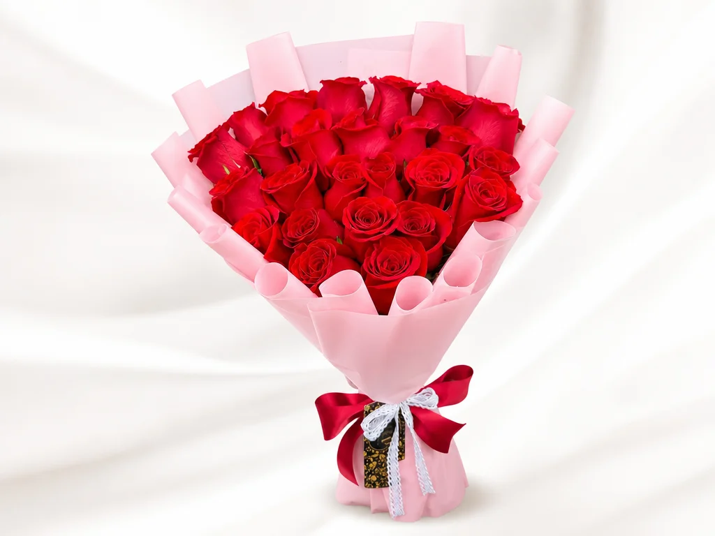Red roses gathered in soft pink wrap with a burgundy and white bow