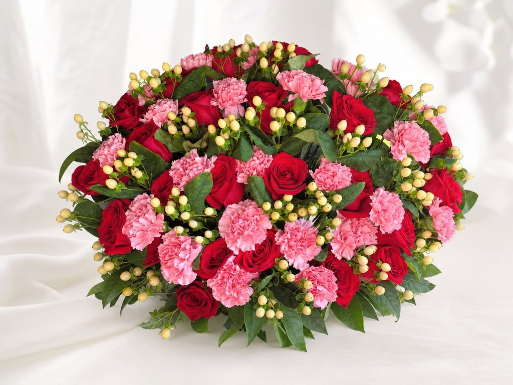 Oval arrangement of red roses and pink carnations with golden hypericum berries and greenery
