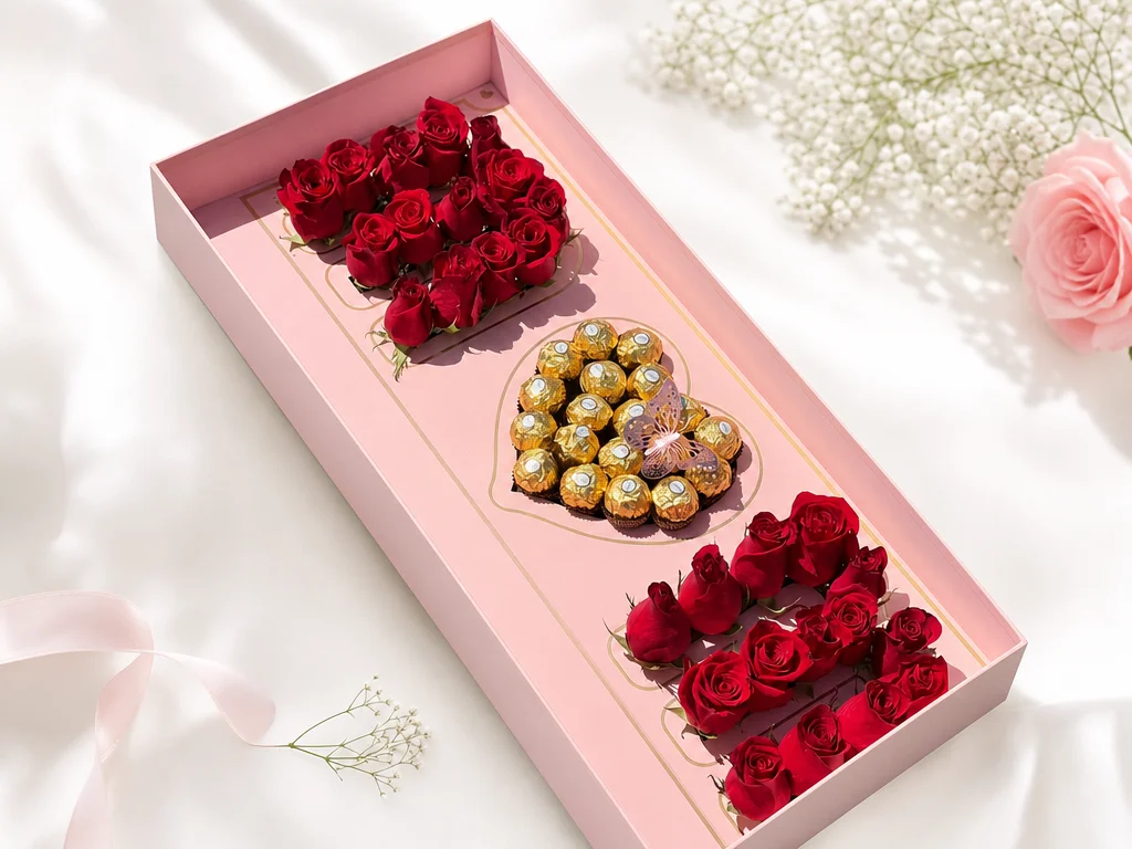 Red roses and a heart of Ferrero Rocher chocolates in a pink keepsake box