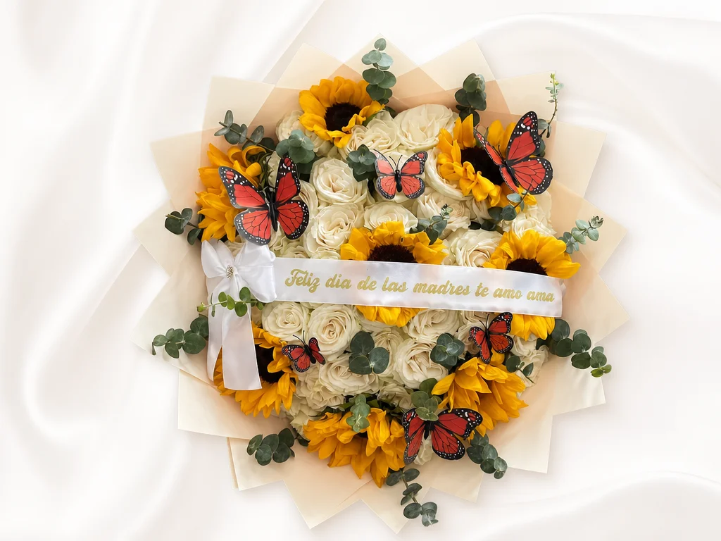 Sunflowers and ivory roses with eucalyptus and monarch butterflies, Feliz Dia de las Madres sash