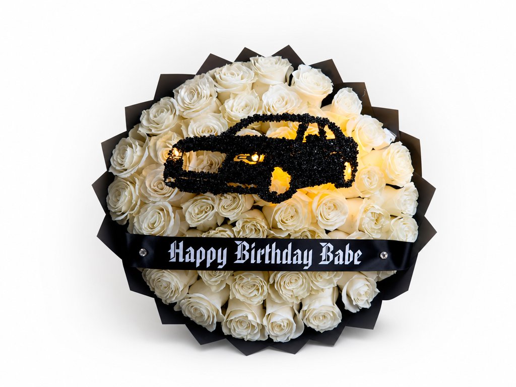 Rustic Harvest — white roses with baby's breath and illuminated car design
