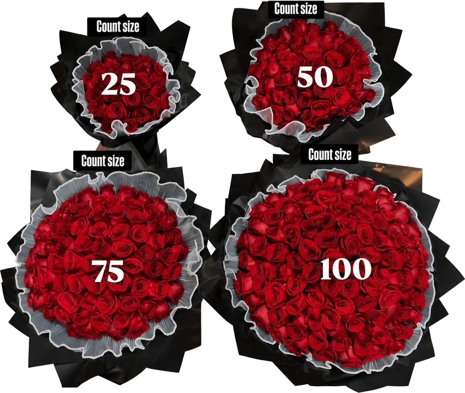Rose bouquet sizes — 25, 50, 75, and 100 roses