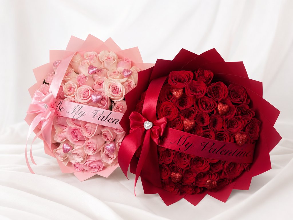 Pink and red rounded rose bouquets with glitter hearts and Be My Valentine sashes