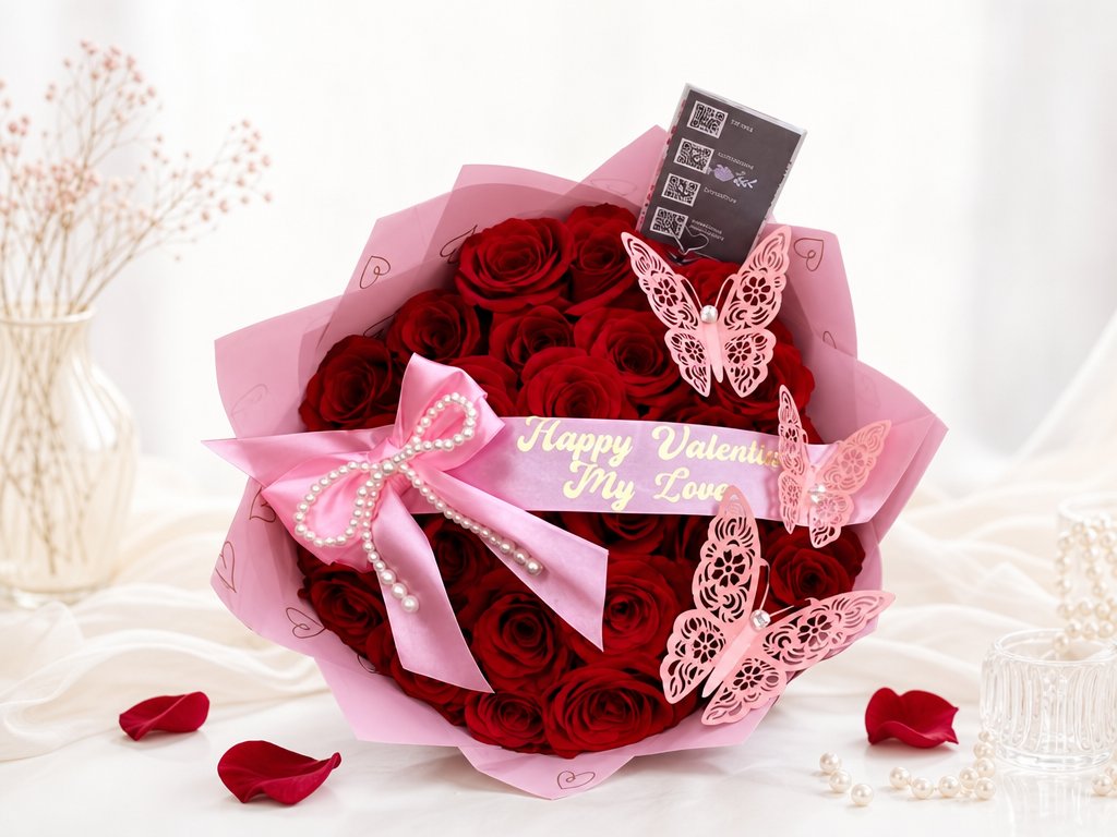 Dark red roses in pink heart-print wrapping with a pearl bow, paper butterflies, and a Happy Valentine My Love sash