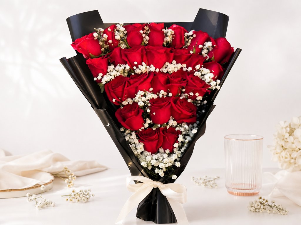 Red roses with baby's breath in matte black wrapping tied with a cream satin bow