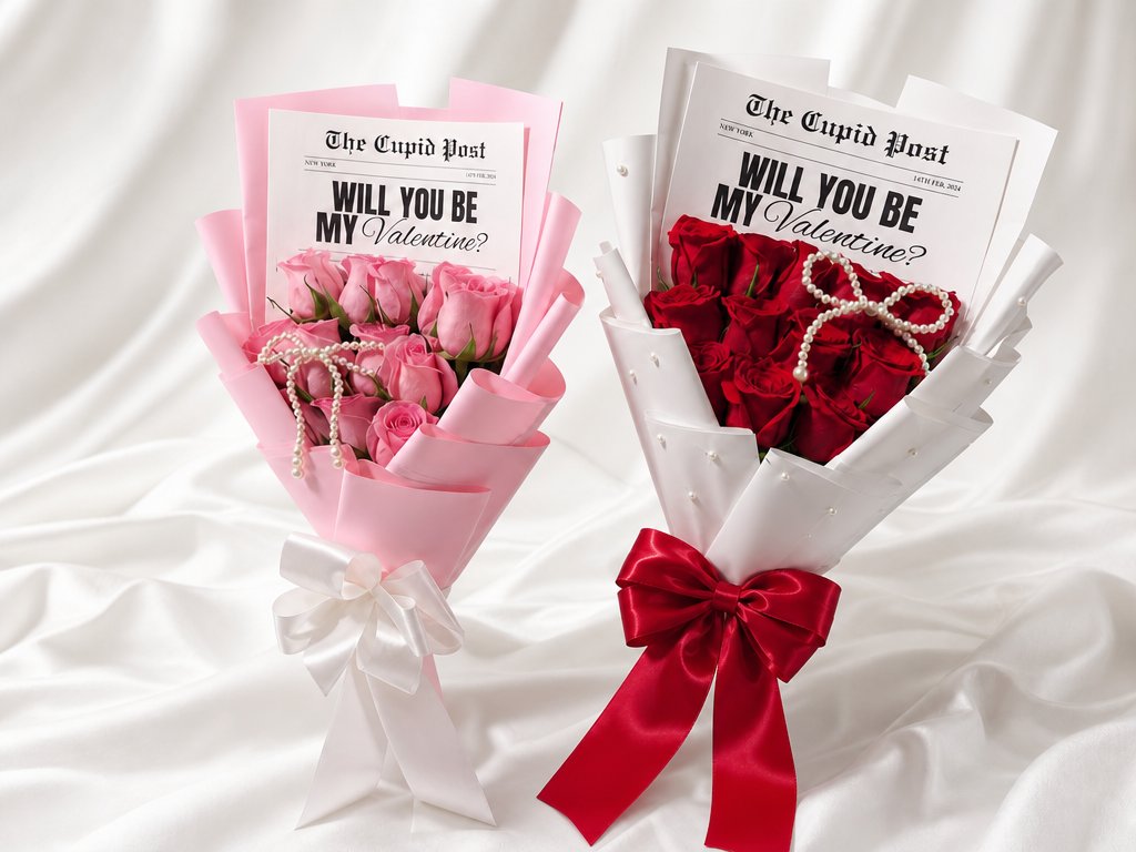 Cupid Post newspaper-wrapped rose bouquets in pink and red, each finished with a pearl bow
