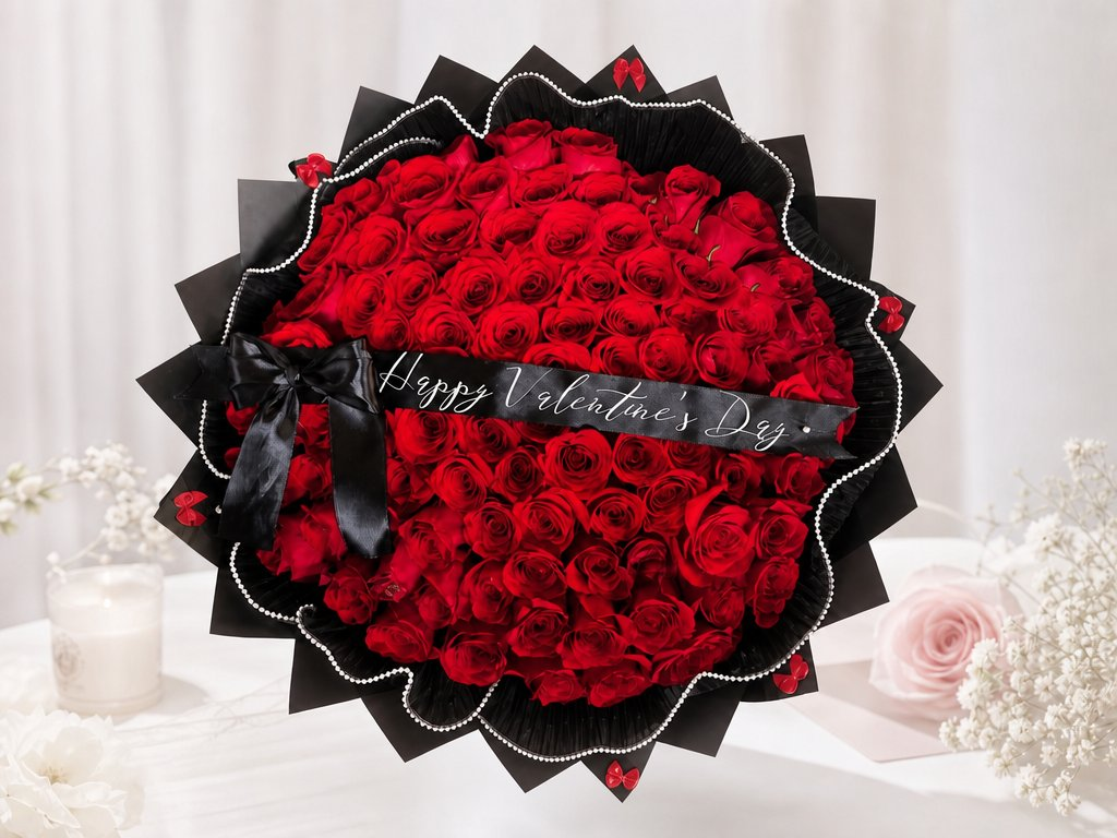 Large dome of red roses in a black ruffled wrap with pearl trim and a Happy Valentine's Day ribbon