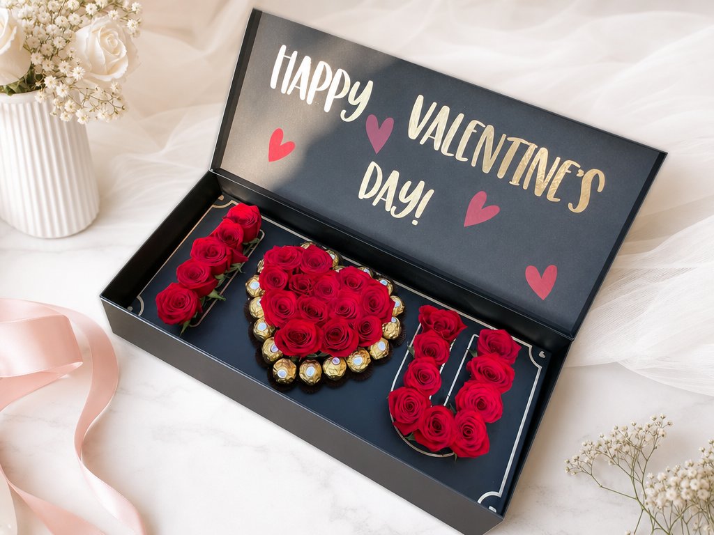 Red roses and golden Ferrero Rocher chocolates arranged to spell I Love You inside a black Happy Valentine's Day gift box
