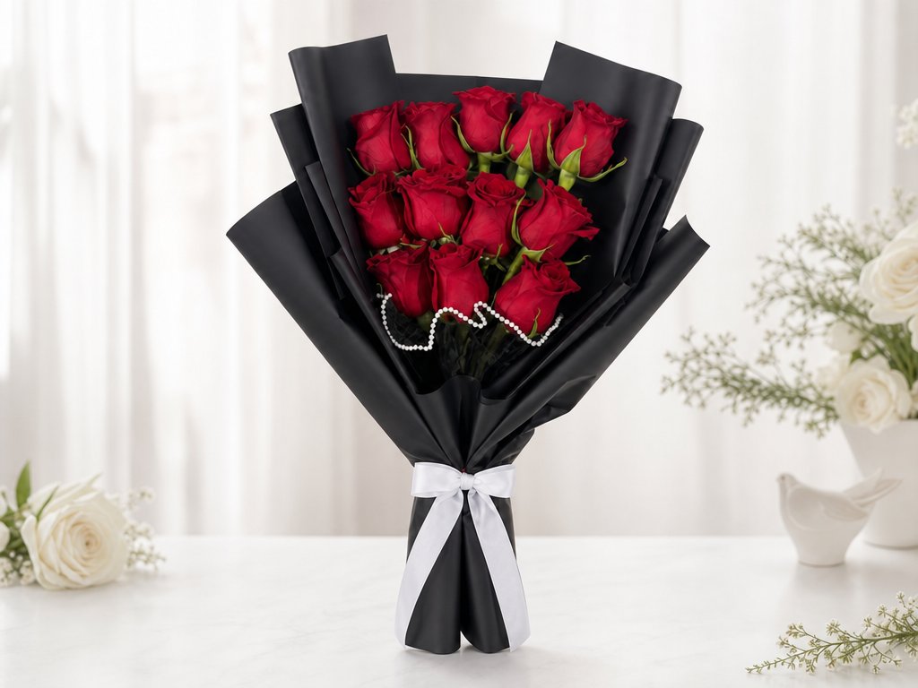 A dozen red roses wrapped in matte black with a pearl strand and a white satin ribbon