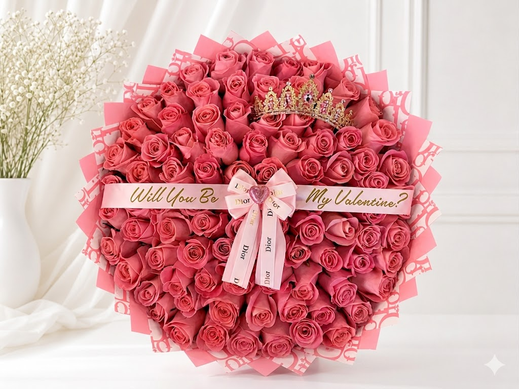 Coral roses with a jeweled tiara in a monogram-print wrap with a Will You Be My Valentine sash
