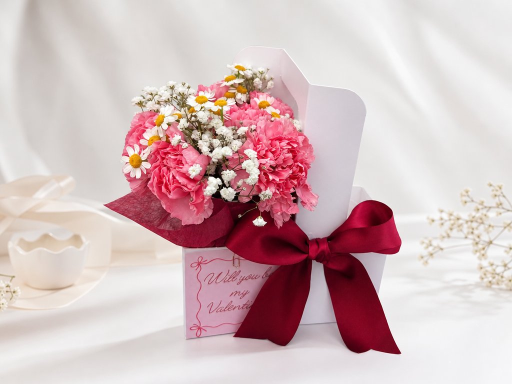 Will You Be My Valentine gift box with pink carnations, chamomile, and baby's breath tied with a burgundy bow
