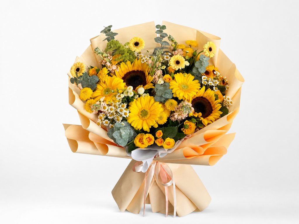 Large mixed bouquet of sunflowers, yellow gerbera daisies, spray roses, and chamomile with eucalyptus in soft cream wrap