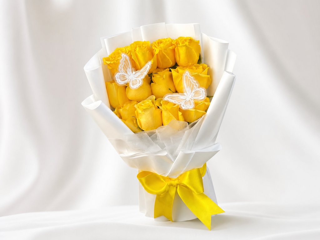 A dozen yellow roses in white wrap with two delicate lace butterflies and a yellow satin bow