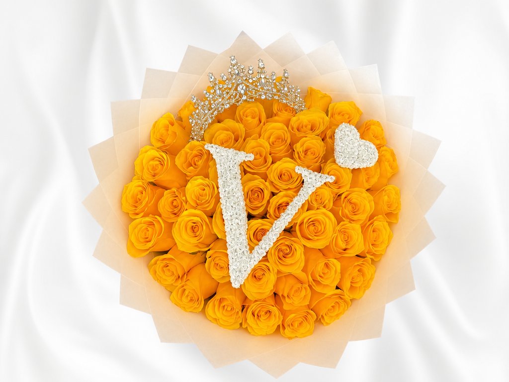 A round bouquet of golden-yellow roses crowned with a jeweled tiara and finished with a sparkling rhinestone initial and heart