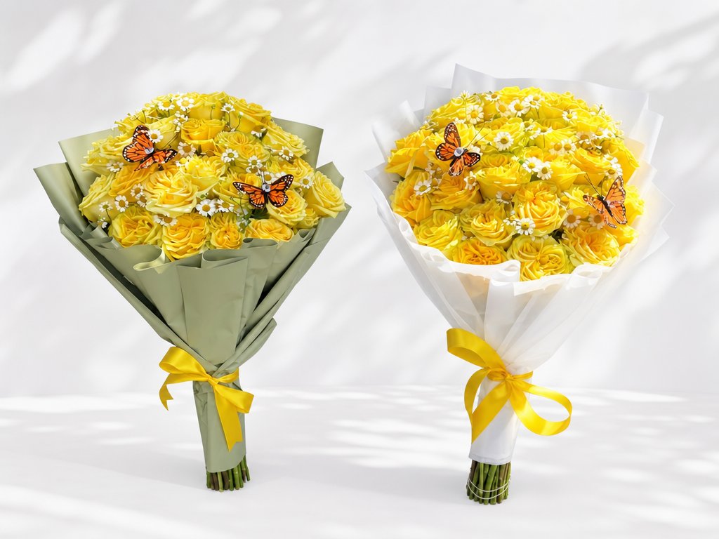 Yellow roses with white daisies and monarch butterflies, wrapped in sage or white paper with a yellow bow